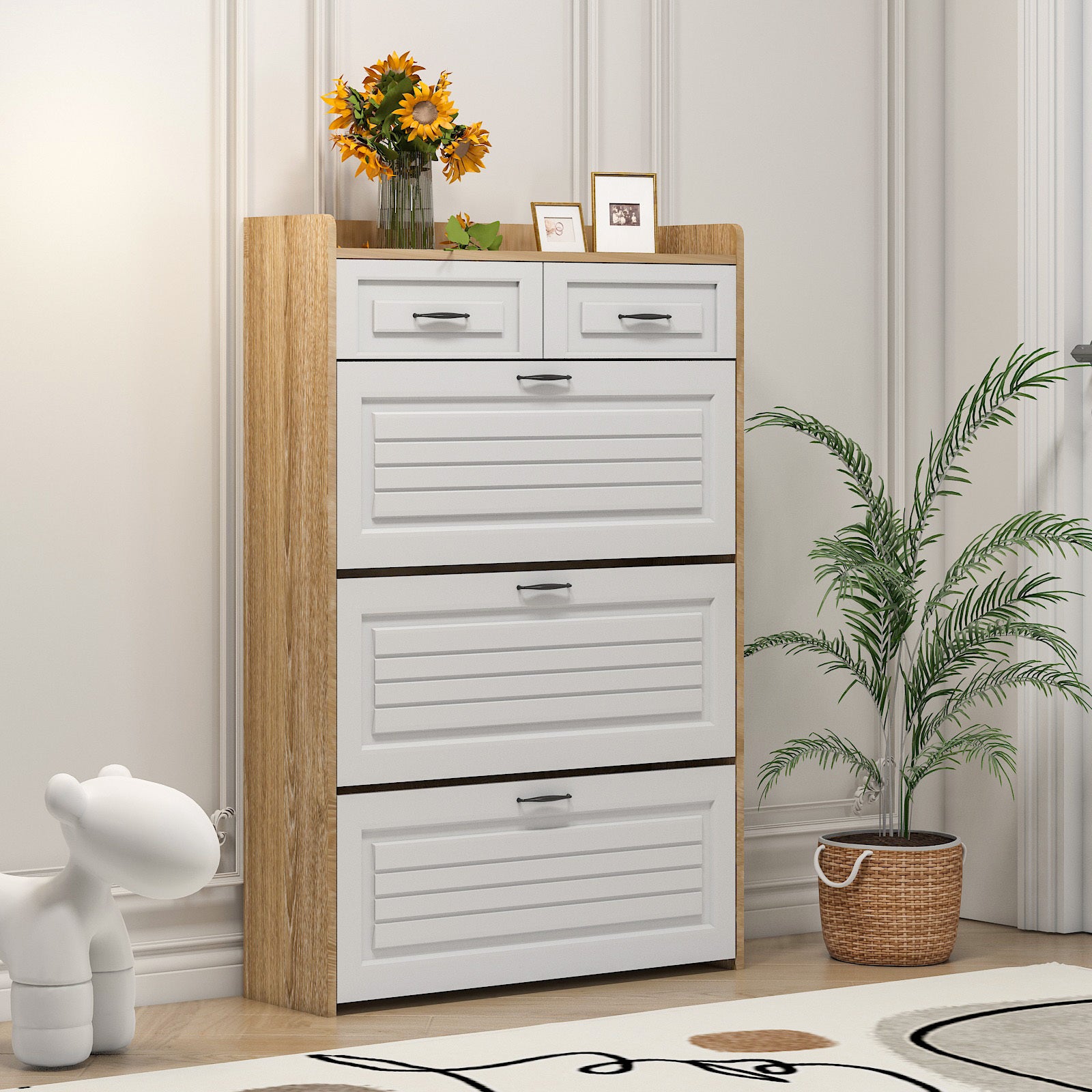 1250 White +Oak Color shoe cabinet  with 3 doors 2 drawers,large space for storage