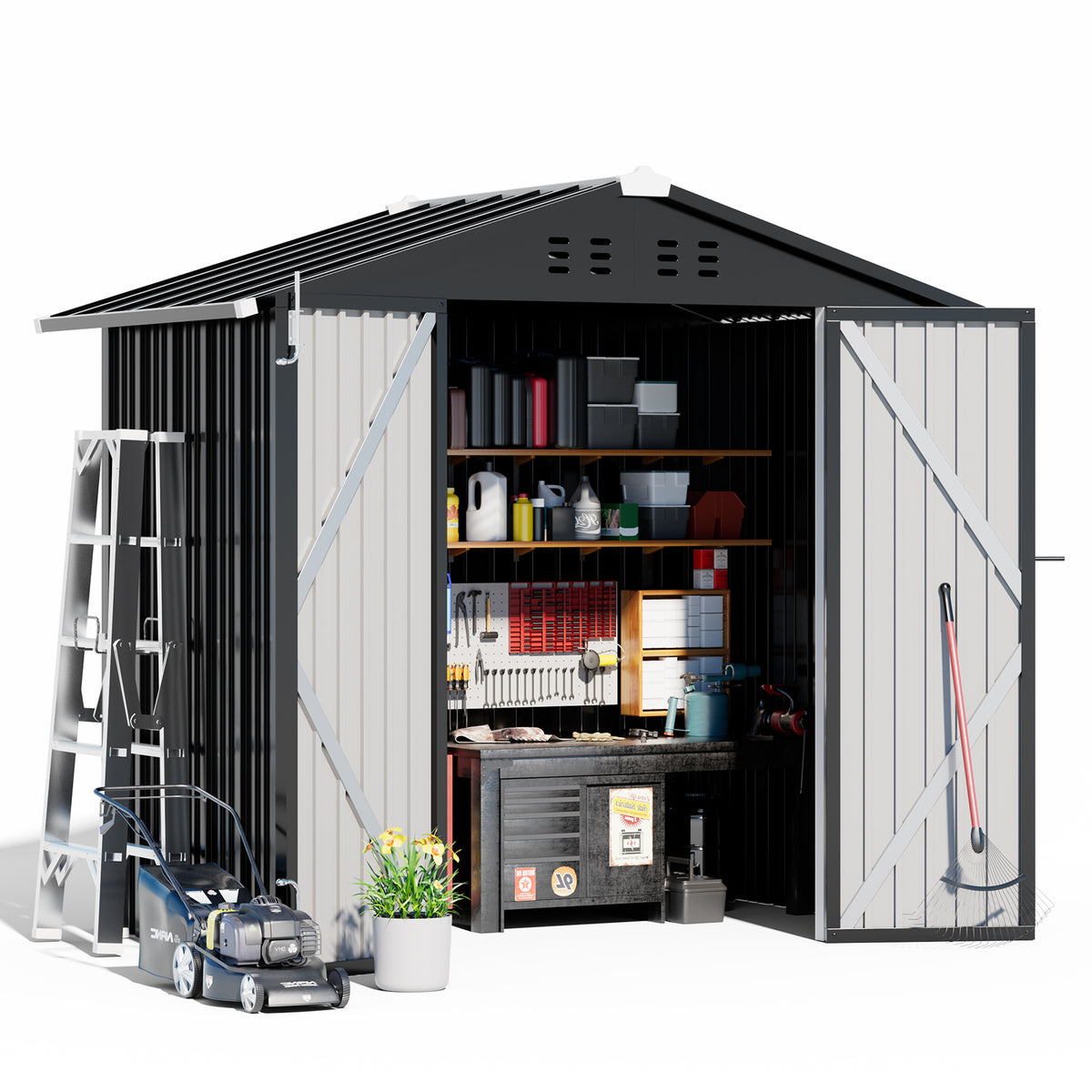 Metal storage shed, gray, doors open showing organized shelves and tools