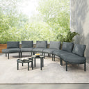 TOPMAX 8-Piece Patio Sofa Furniture Set, Half Moon Outdoor Sectional Sofa with 2 High-Low Coffee Tables, PE Wicker Rattan, Tempered Glass, 6 Pillows & Cushions, for Backyard, Garden, Poolside,Gray