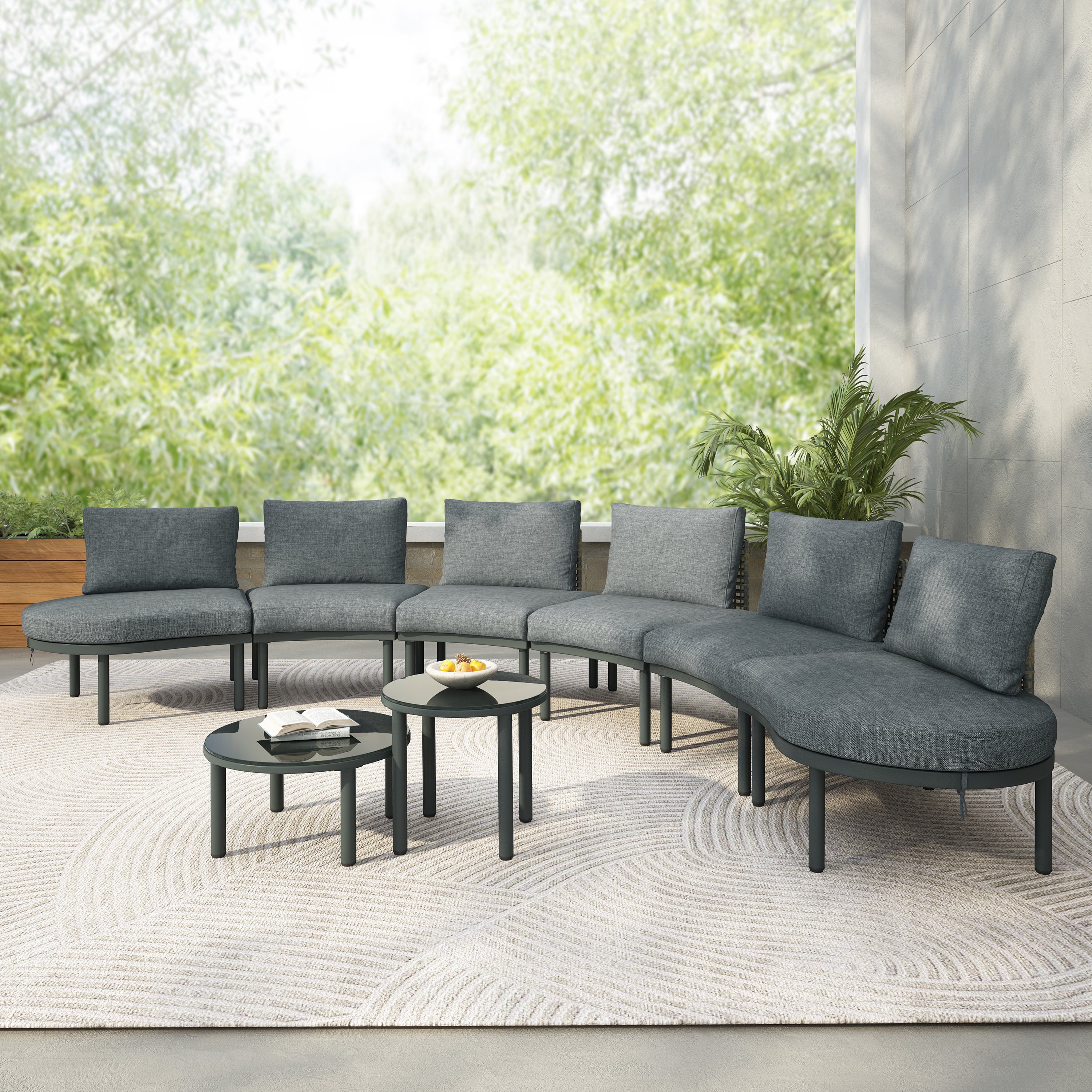 TOPMAX 8-Piece Patio Sofa Furniture Set, Half Moon Outdoor Sectional Sofa with 2 High-Low Coffee Tables, PE Wicker Rattan, Tempered Glass, 6 Pillows & Cushions, for Backyard, Garden, Poolside,Gray