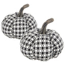 Set of 2, 7x7x6.7' Fabric Black-White Plaid Pumpkin Decor, for Holiday Halloween Decoration