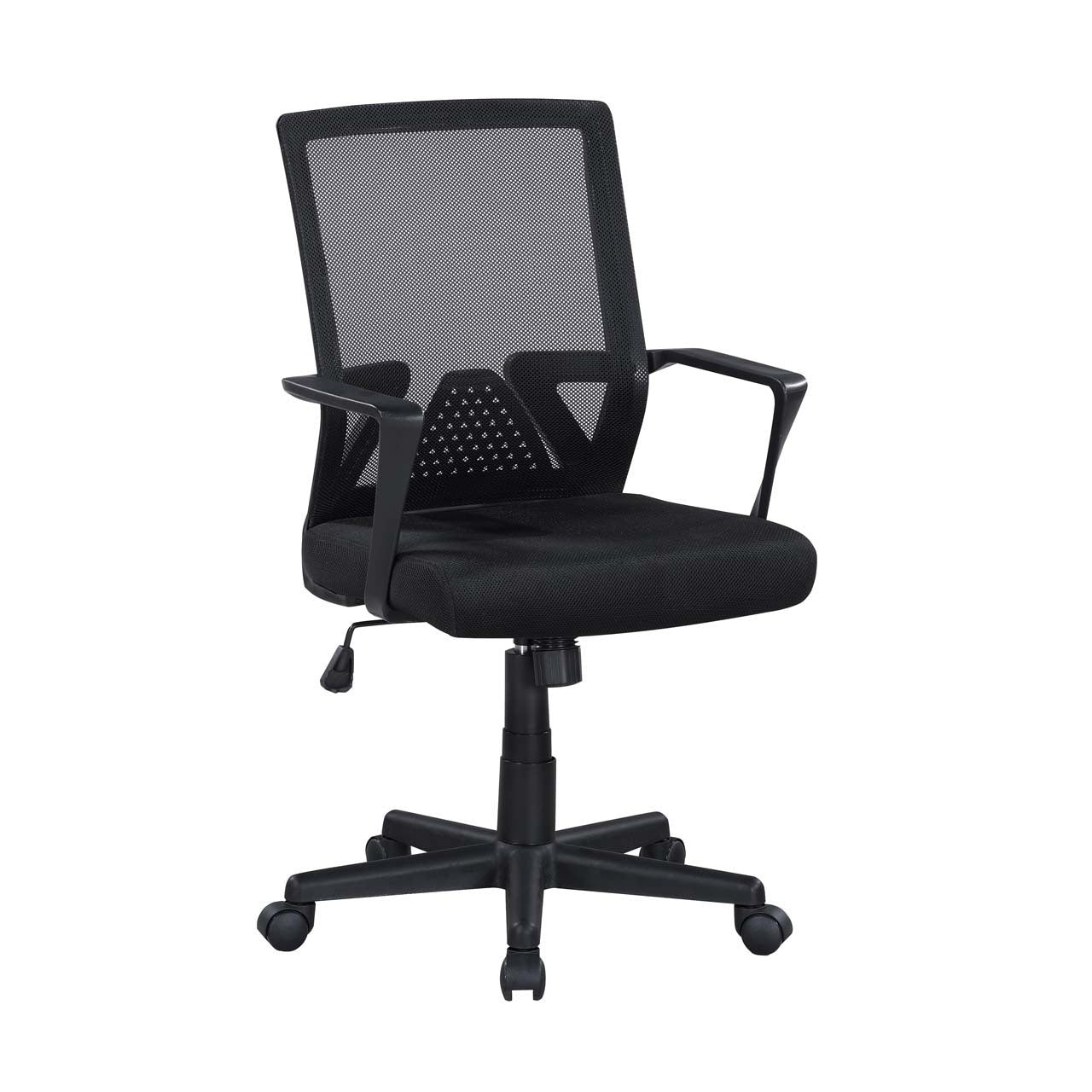 Black ergonomic office chair with breathable mesh mid-back, padded seat, armrests, adjustable height lever, and five caster wheels for easy mobility.