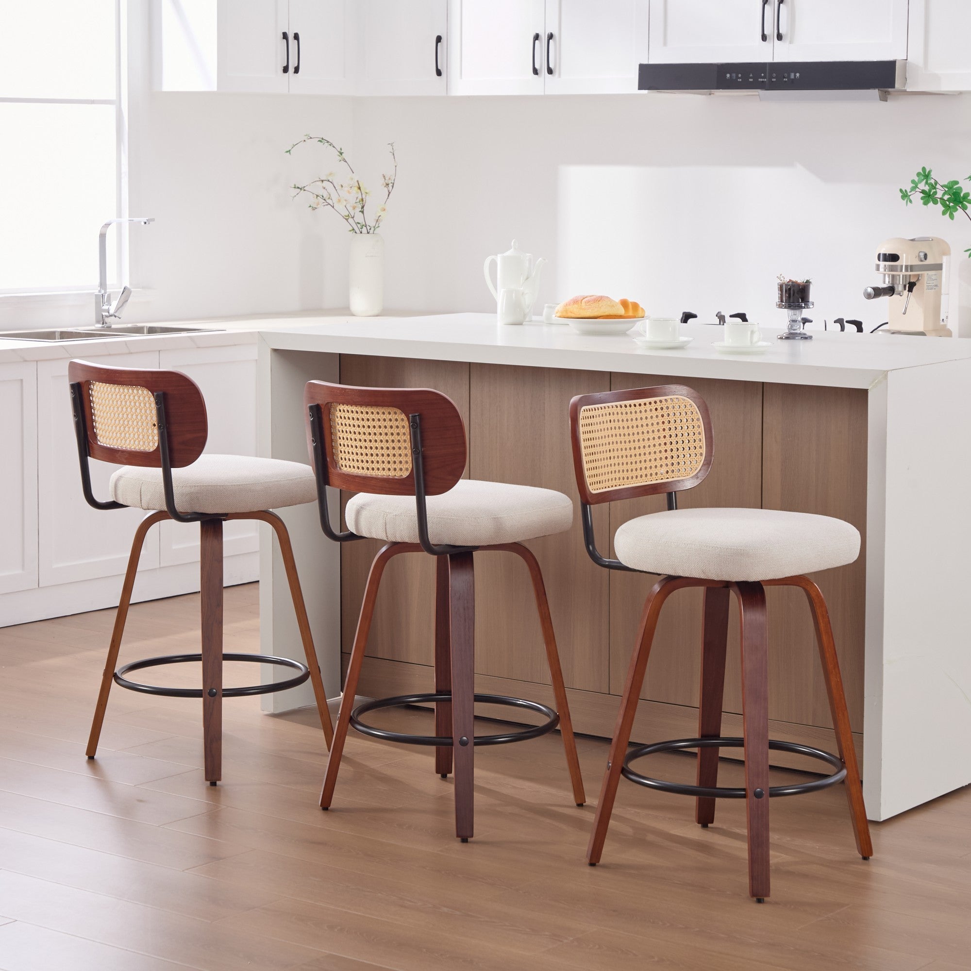 Set of 3, 26-Inch Counter Height Bar Stools - Walnut Black, Cane Rattan Back, Beige Linen Upholstered Seat, Swivel Design for Kitchen Island/Bar/Counter,SW3766BG