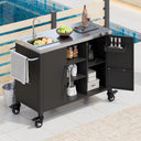 K&K 55.5' Outdoor Kitchen Island with Sink, Metal Grill Cart Table with 304 Stainless Steel Sink, Outdoor Bar Cart Sink Station with 4 Lockable Wheels for Pizza Prep & BBQ, L 55.5' x W 20' H 36.7'