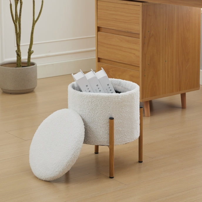 Modern Round Storage Ottoman, Ottoman Foot Stools With Metal Base, Ottoman Footstool with Removable Lid Storage Ottoman for Living Room, Bedroom, Makeup Room (White)