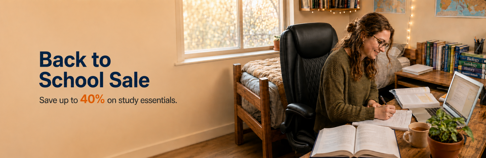 Woman studying at a desk in a cozy room with a black ergonomic office chair, books, laptop, and plant near a window with warm natural light and string lights.