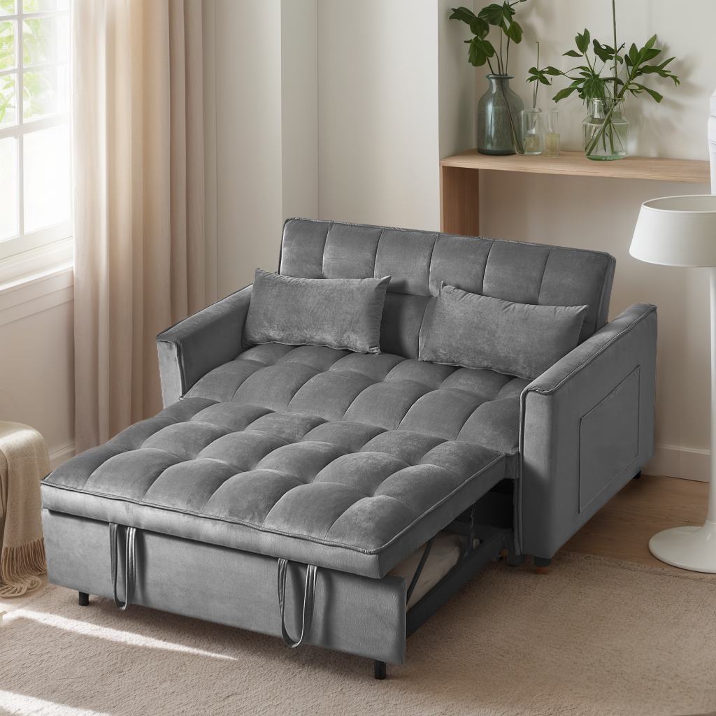 Modern Velvet Loveseat Futon Sofa Couch Pullout Bed, Small Love Seat Lounge Sofa w/Reclining Backrest, Toss Pillows, Pockets, Furniture for Living Room,3 in 1 Convertible Sleeper Sofa Bed
