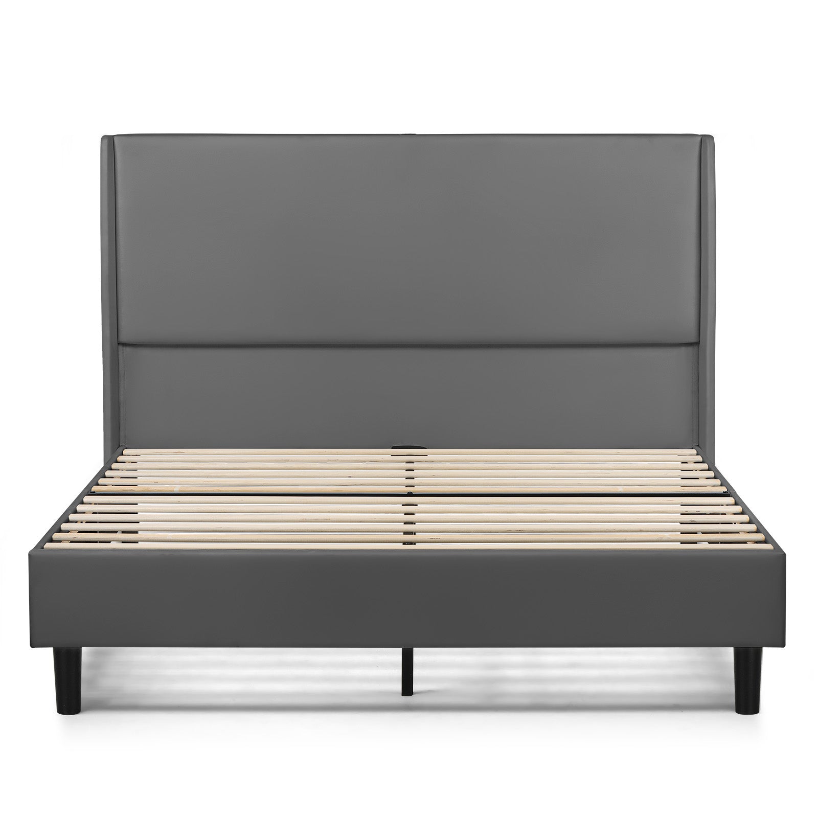 A gray COMHOMA bed frame with a headboard and a slatted mattress base.