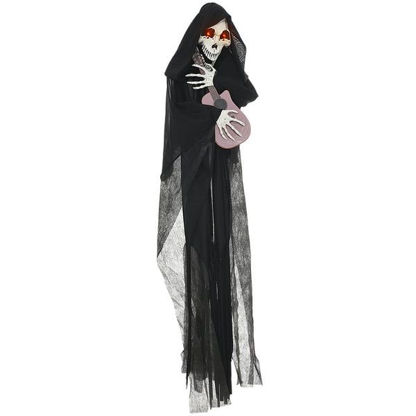 HOMCOM 4.3' Outdoor Halloween Decoration Animatronic Guitar-playing Grim Reaper, Sound and Motion Activated Animated Prop with Light Up Eyes & Guitar Music