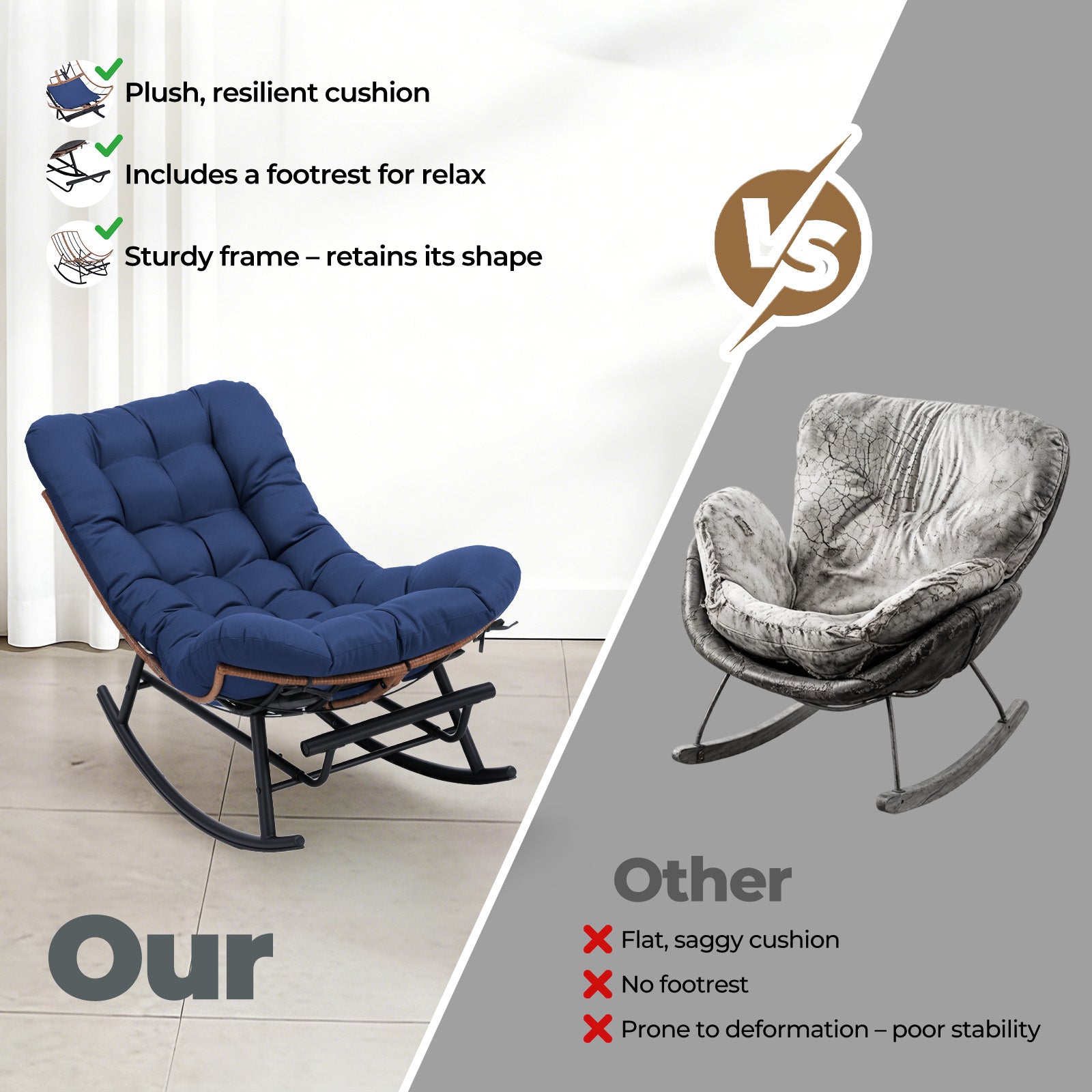 COMHOMA Outdoor Rocking Papasan Chair, Oversized Wicker Patio Rocker OT-CH03