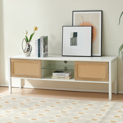 54.33' Rattan TV cabinet with variable color light strip, double sliding doors for storage,  adjustable shelf, metal legs, TV console for living room ,white