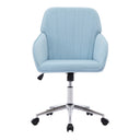 Baby blue velvet ergonomic office chair with adjustable backrest, padded armrests, and silver metal base with five caster wheels for home or bedroom use.