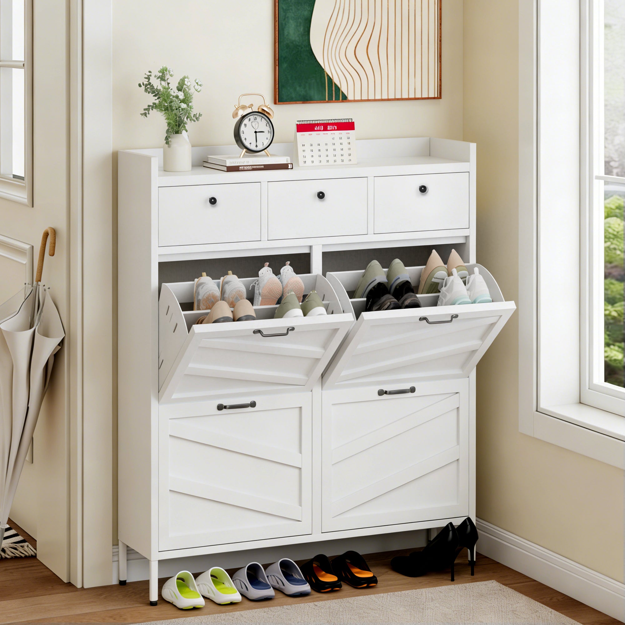 Metal Shoe Cabinet White - 4 Flip Drawers + 3 Drawers, Slim 11.8'D Freestanding Steel Shoe Organizer, Anti-Tip Hidden Entryway Shoe Rack