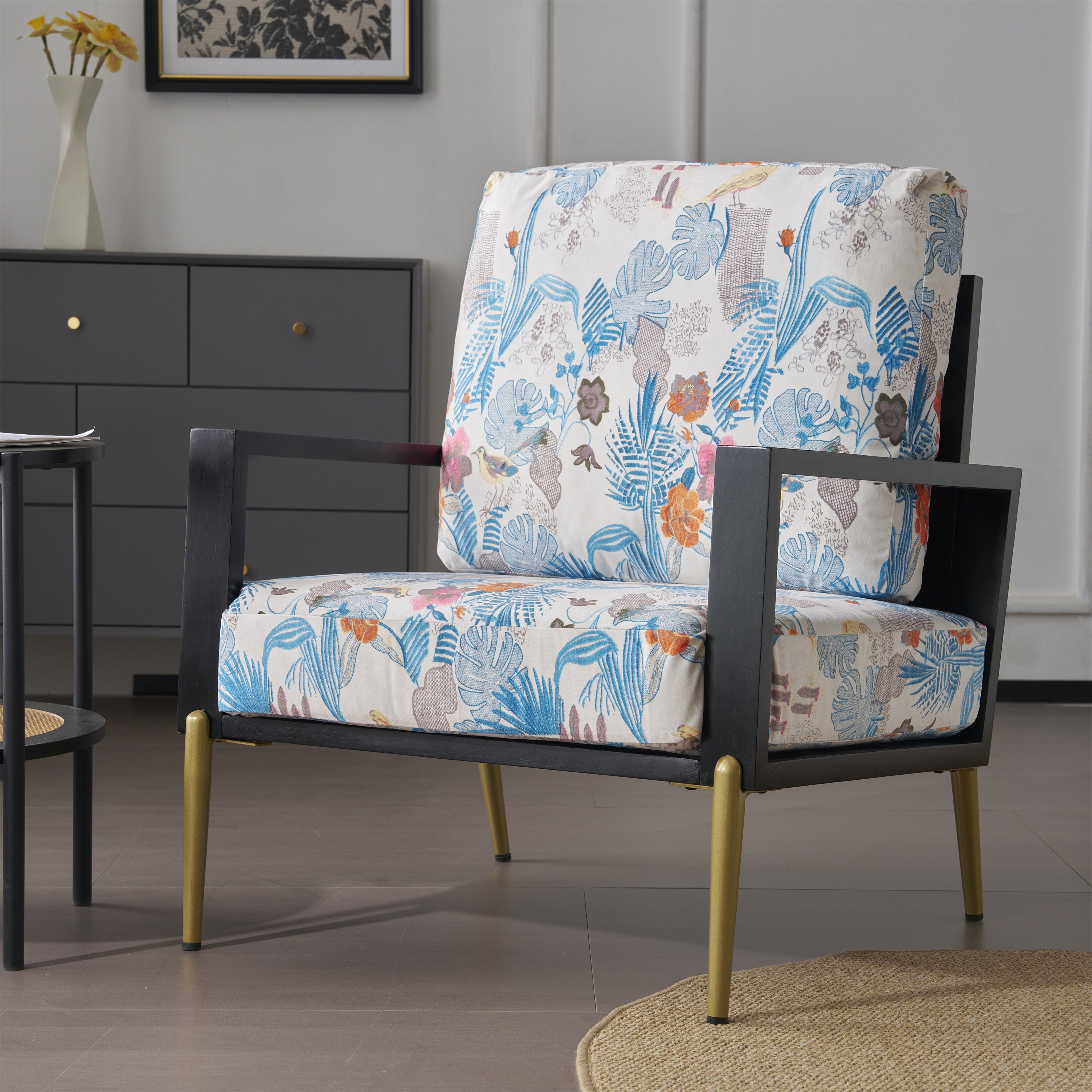 Retro Low Back Floral Print Velvet Accent Armchair with Gold Metal Legs & Rubberwood Frame, Wide Armrest Mid-Century Lounge Chair with Pillow Back, Sofa Chair for Living Room & Balcony, Blue Floral