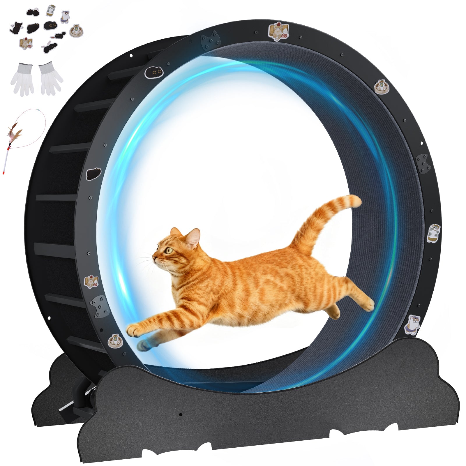 LUCKLIFE Large Cat Exercise Wheel with Detachable Carpet & Teaser/Stickers, PET-CEW01-BLK