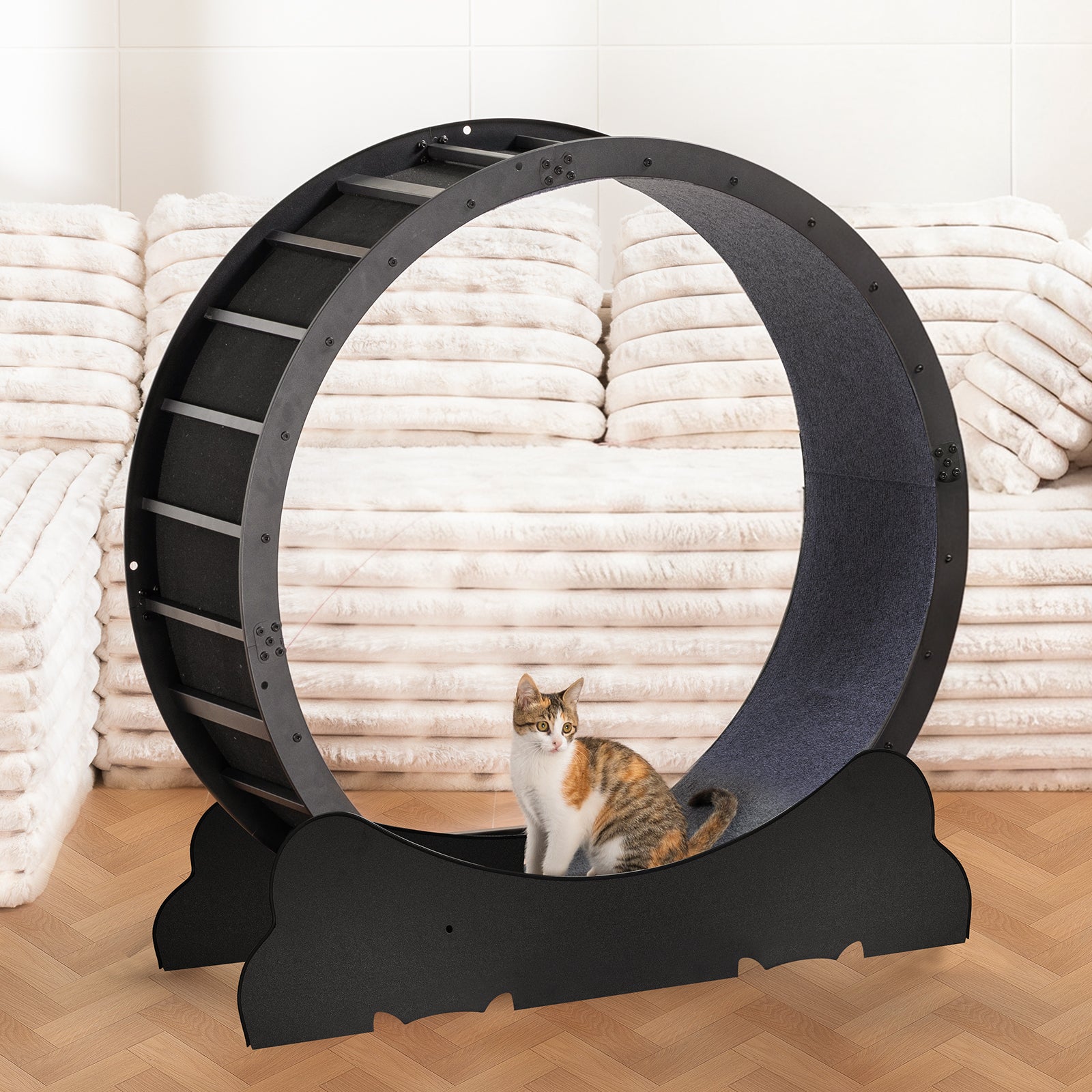 LUCKLIFE Large Cat Exercise Wheel with Detachable Carpet & Teaser/Stickers, PET-CEW01-BLK