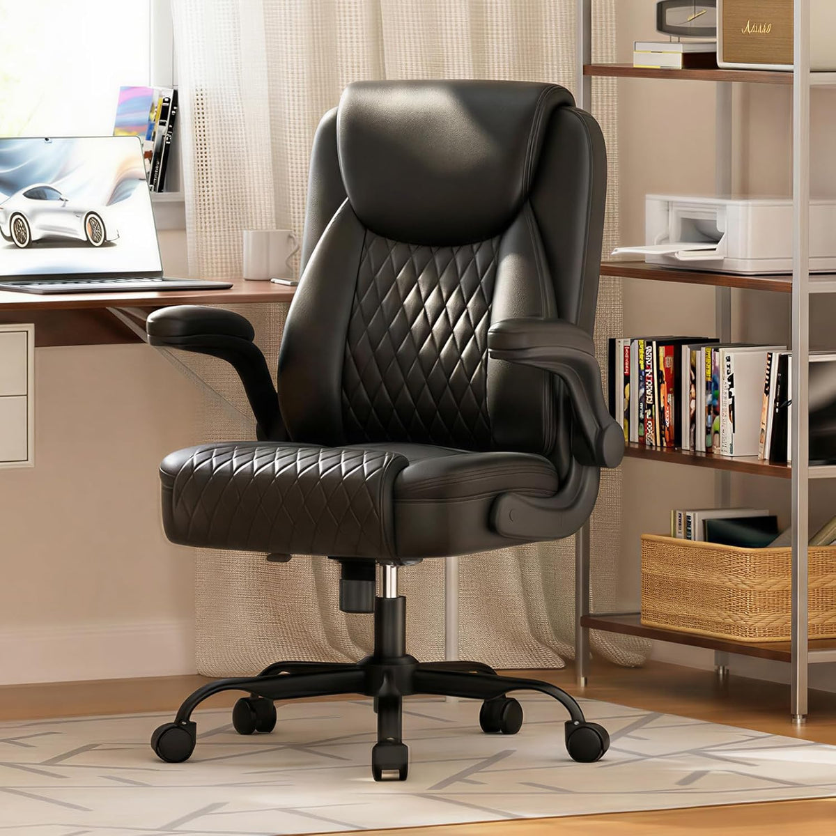 COMHOMA black ergonomic office chair with diamond stitching in modern home workspace