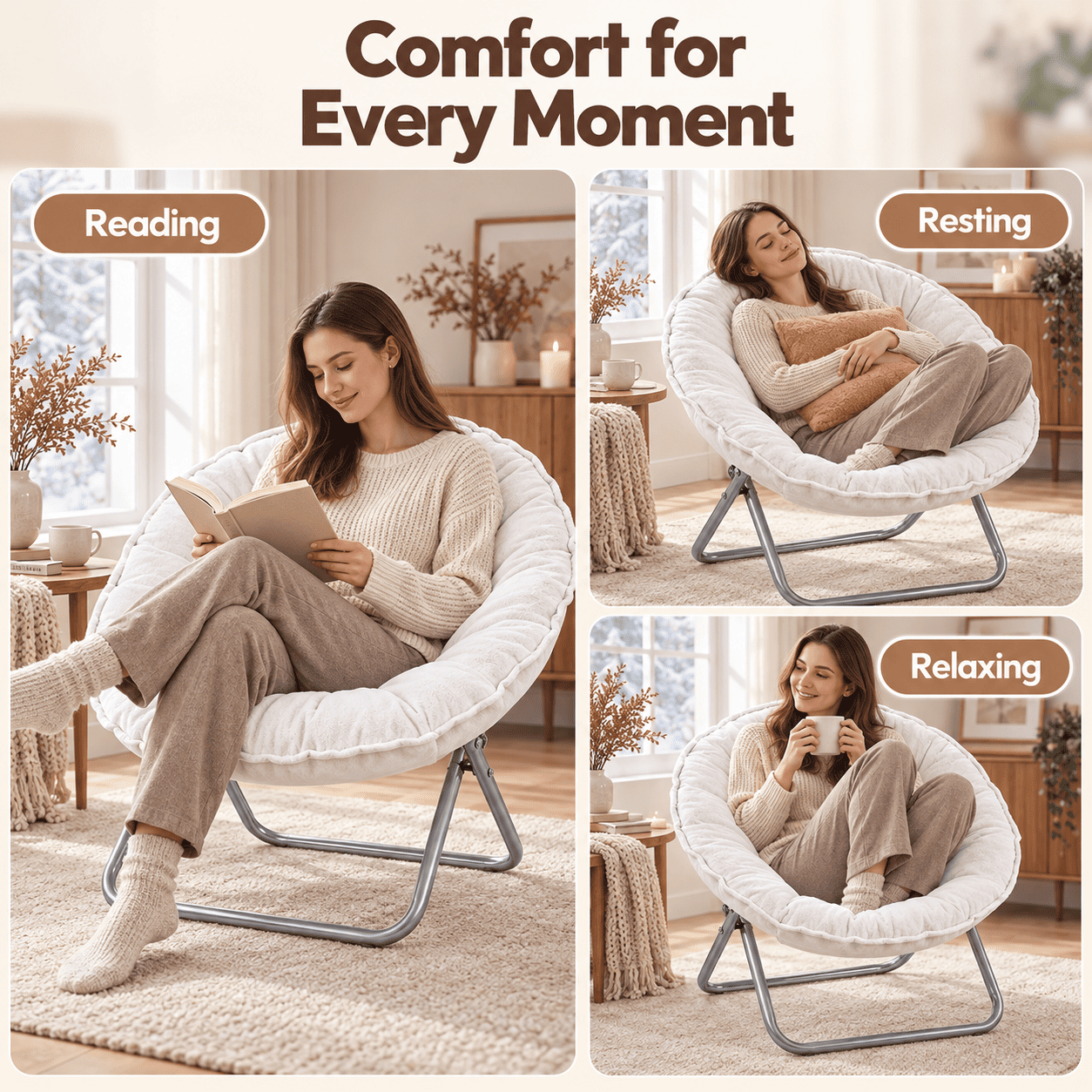 COMHOMA® Foldable Cozy Saucer Chair, Faux Fur XL Circle Chair CH338