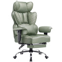 Ergonomic office chair in light green leather with high backrest, padded armrests, headrest, lumbar support, and metal base with caster wheels for mobility.