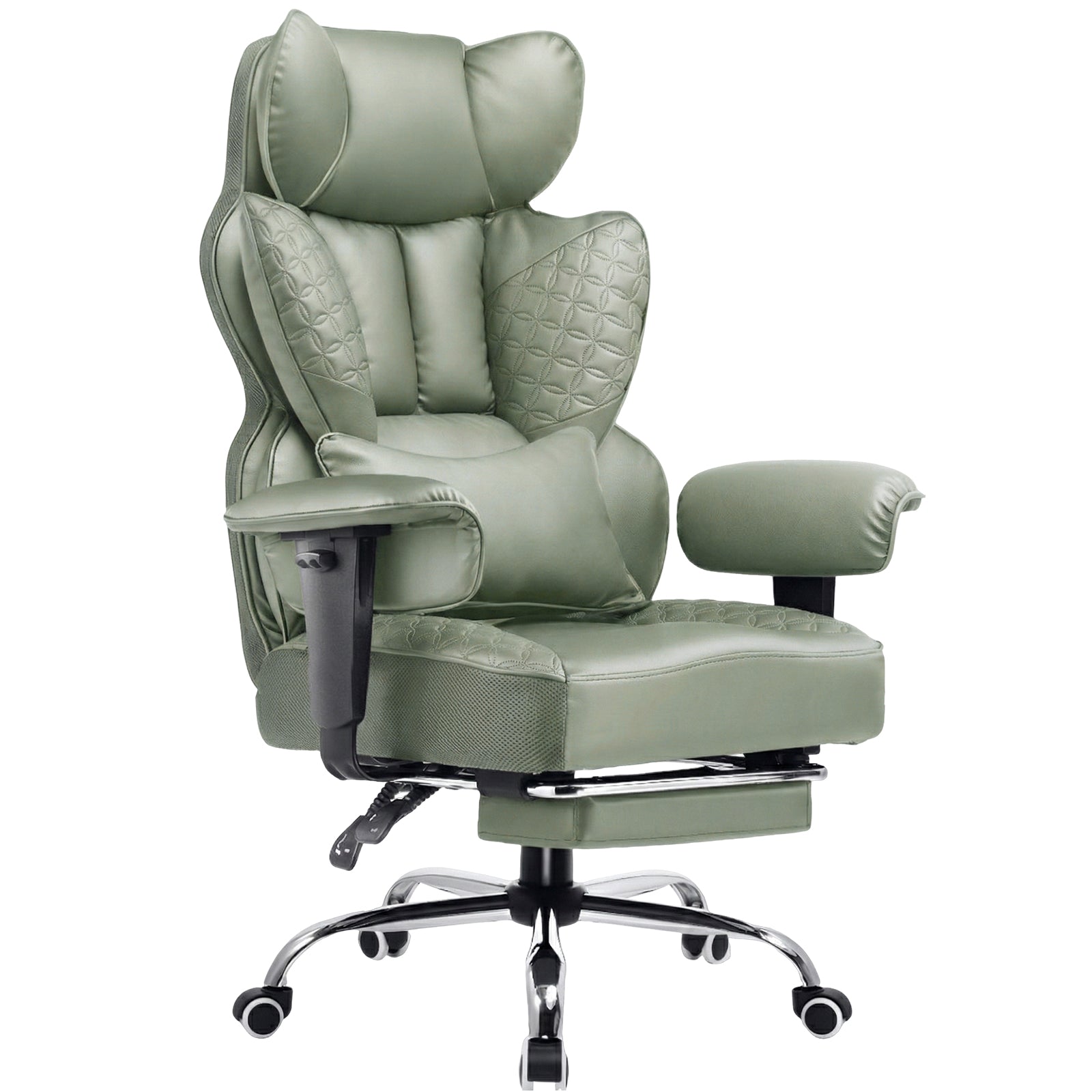 Ergonomic office chair in light green leather with high backrest, padded armrests, headrest, lumbar support, and metal base with caster wheels for mobility.
