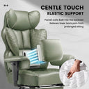 Green ergonomic office chair with elastic support and pocket coils in backrest designed to relieve lower back pain from prolonged sitting, featuring adjustable armrests and cushioning; visible text reads "CENTLE TOUCH ELASTIC SUPPORT Pocket Coils Built into the backrest Relieves lower back pain from prolonged sitting.