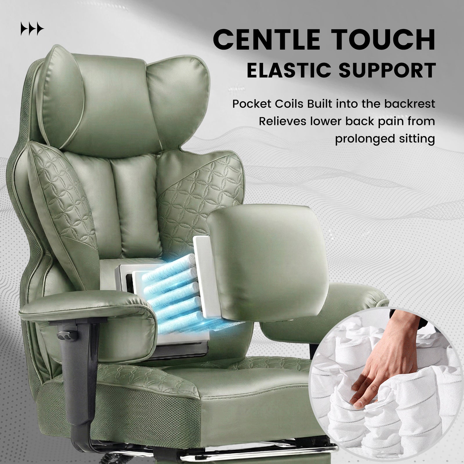 Green ergonomic office chair with elastic support and pocket coils in backrest designed to relieve lower back pain from prolonged sitting, featuring adjustable armrests and cushioning; visible text reads "CENTLE TOUCH ELASTIC SUPPORT Pocket Coils Built into the backrest Relieves lower back pain from prolonged sitting.