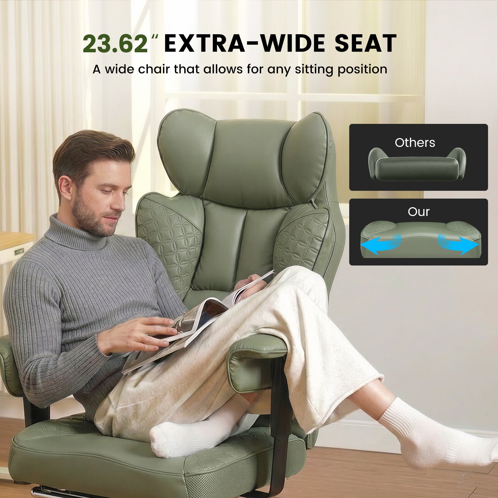 Man sitting comfortably in an ergonomic office chair with a 23.62-inch extra-wide seat allowing any sitting position, featuring comparisons labeled "Others" and "Our" showing wider seat design, promoting COMHOMA office chair from collections including Office Chairs, Big and Tall Office Chair, and Executive Office Chair.