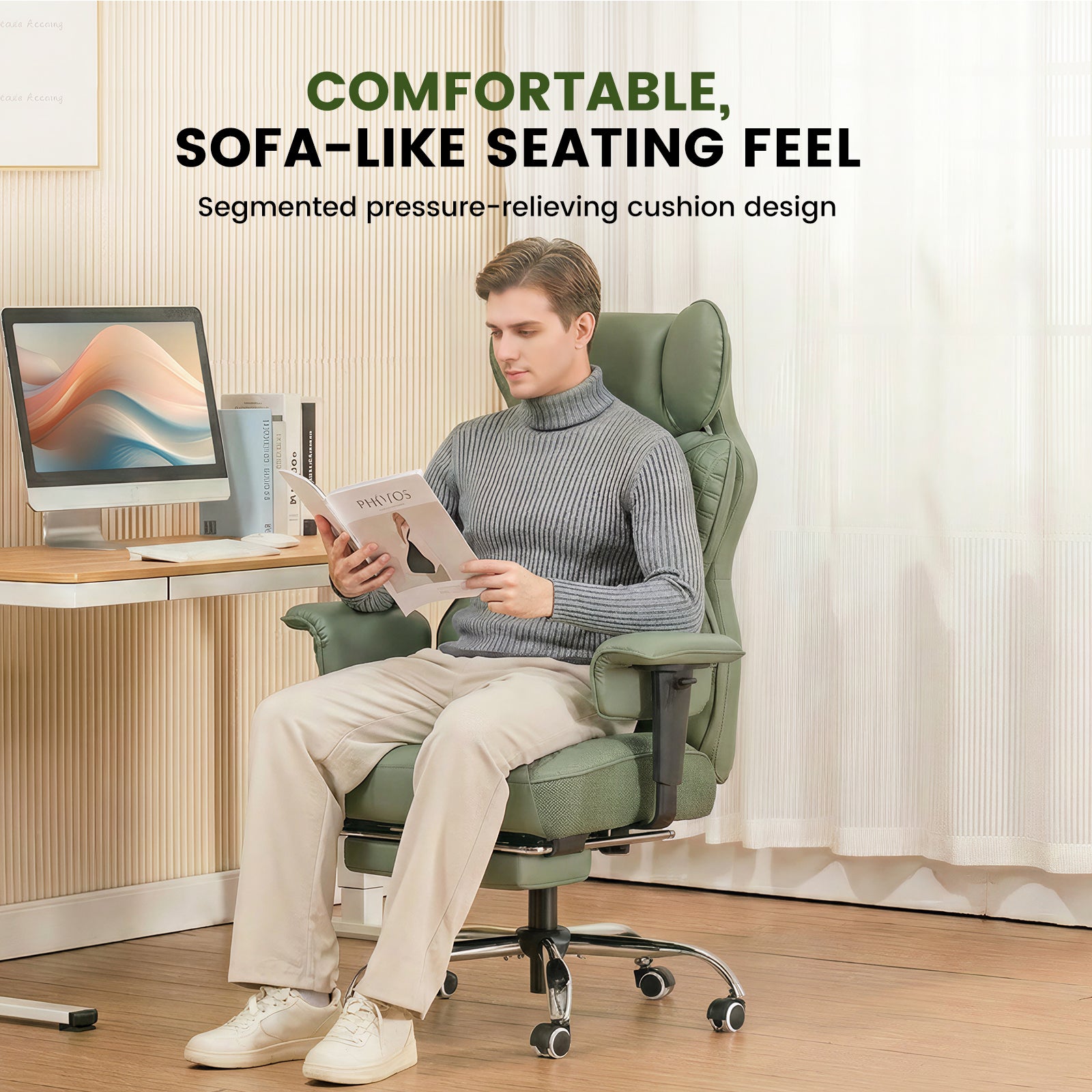 Comfortable, sofa-like seating feel with segmented pressure-relieving cushion design, man reading magazine sitting on green ergonomic office chair in modern home office setting