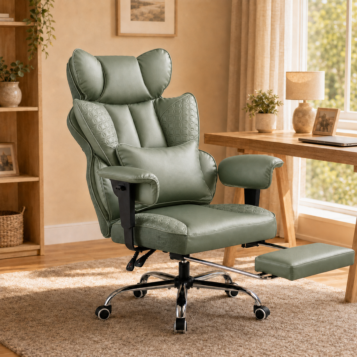 Green ergonomic office chair with padded armrests and footrest in a home office setting featuring a wooden desk, lamp, plant, and bookshelf in the background, part of All Products and Executive Office Chair collections.
