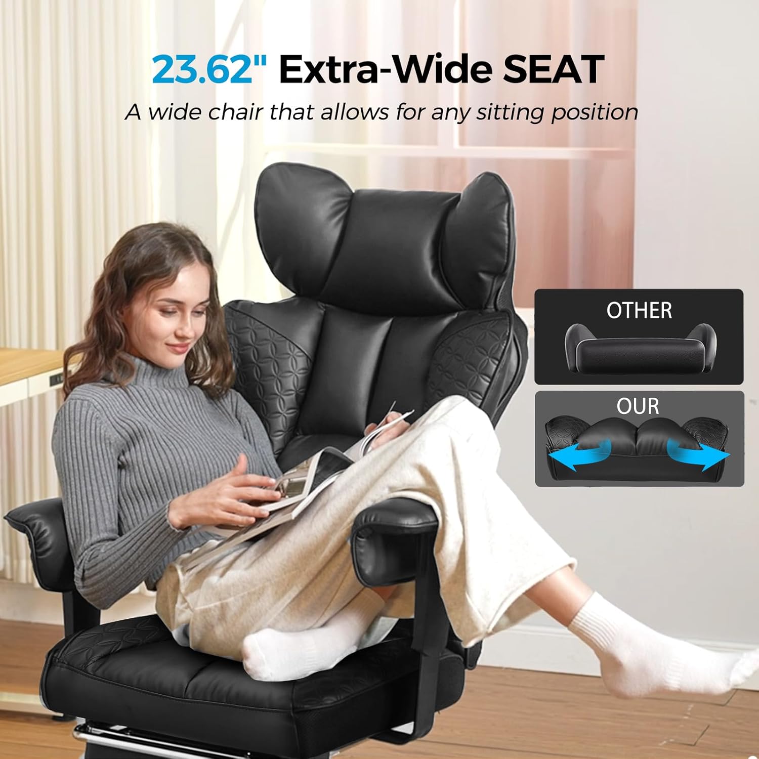 Woman using a wide office chair with extra-wide seat 23.62".