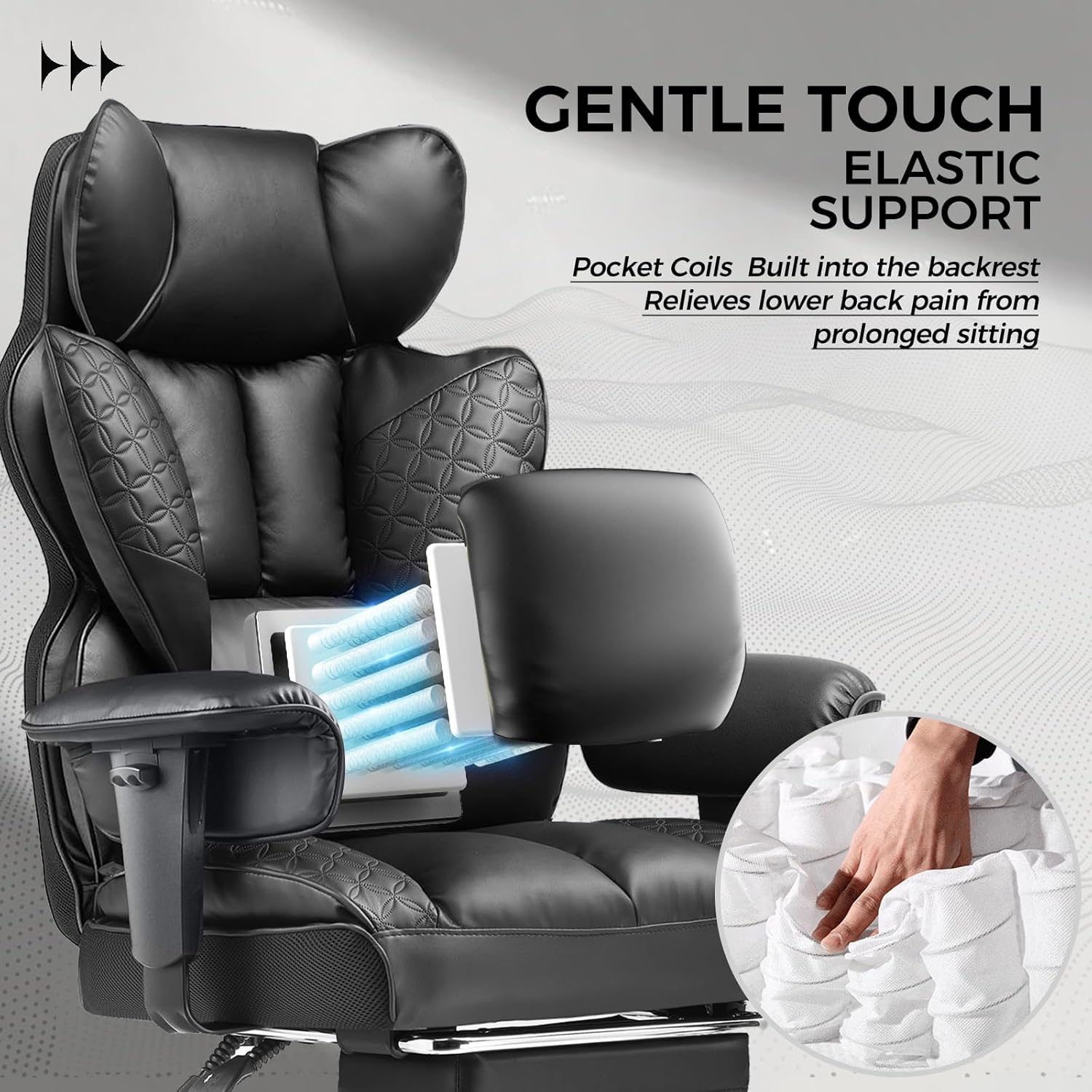 Black massage chair with pocket coils and text about gentle touch elastic support.