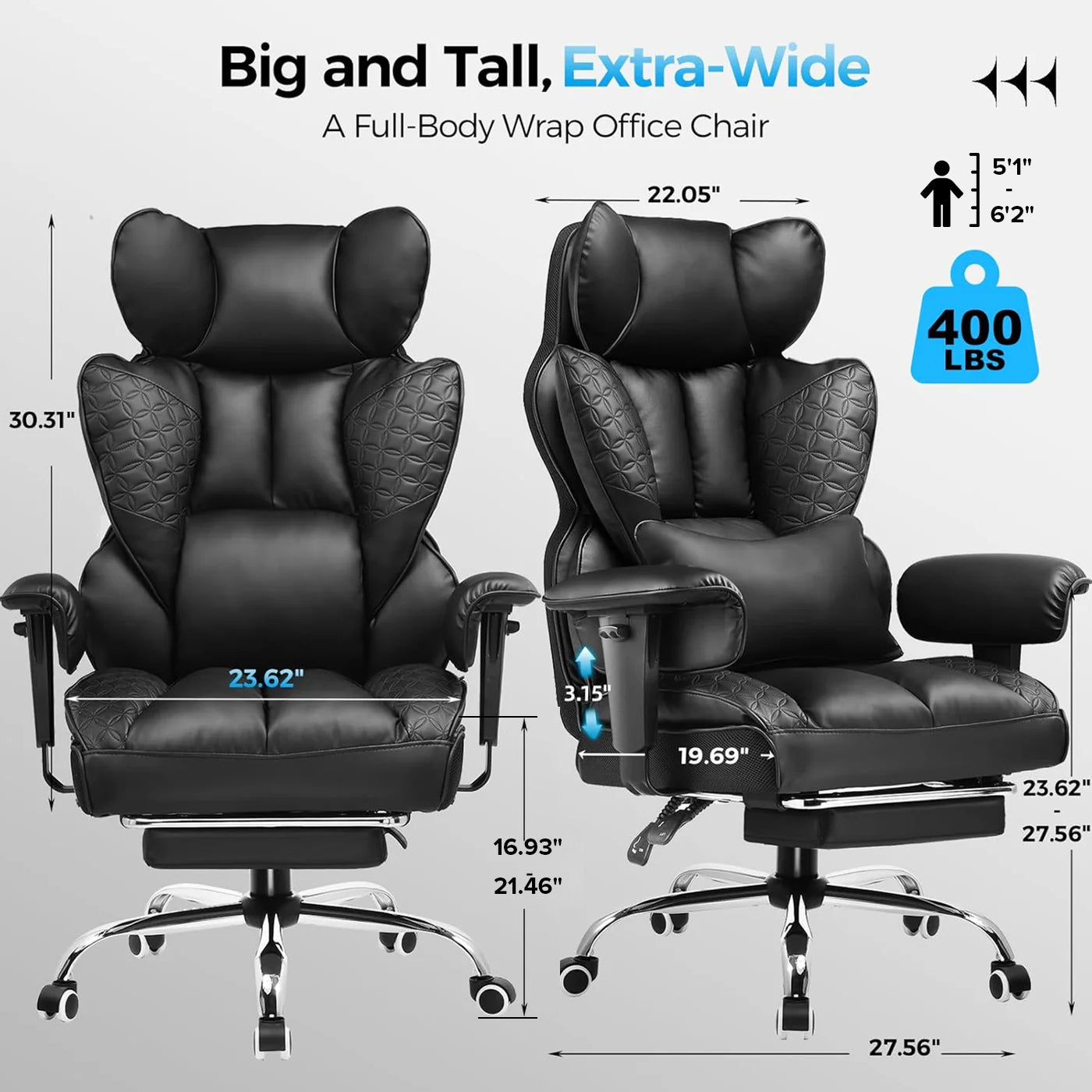 Black office chair with measurements and specifications on a gray background