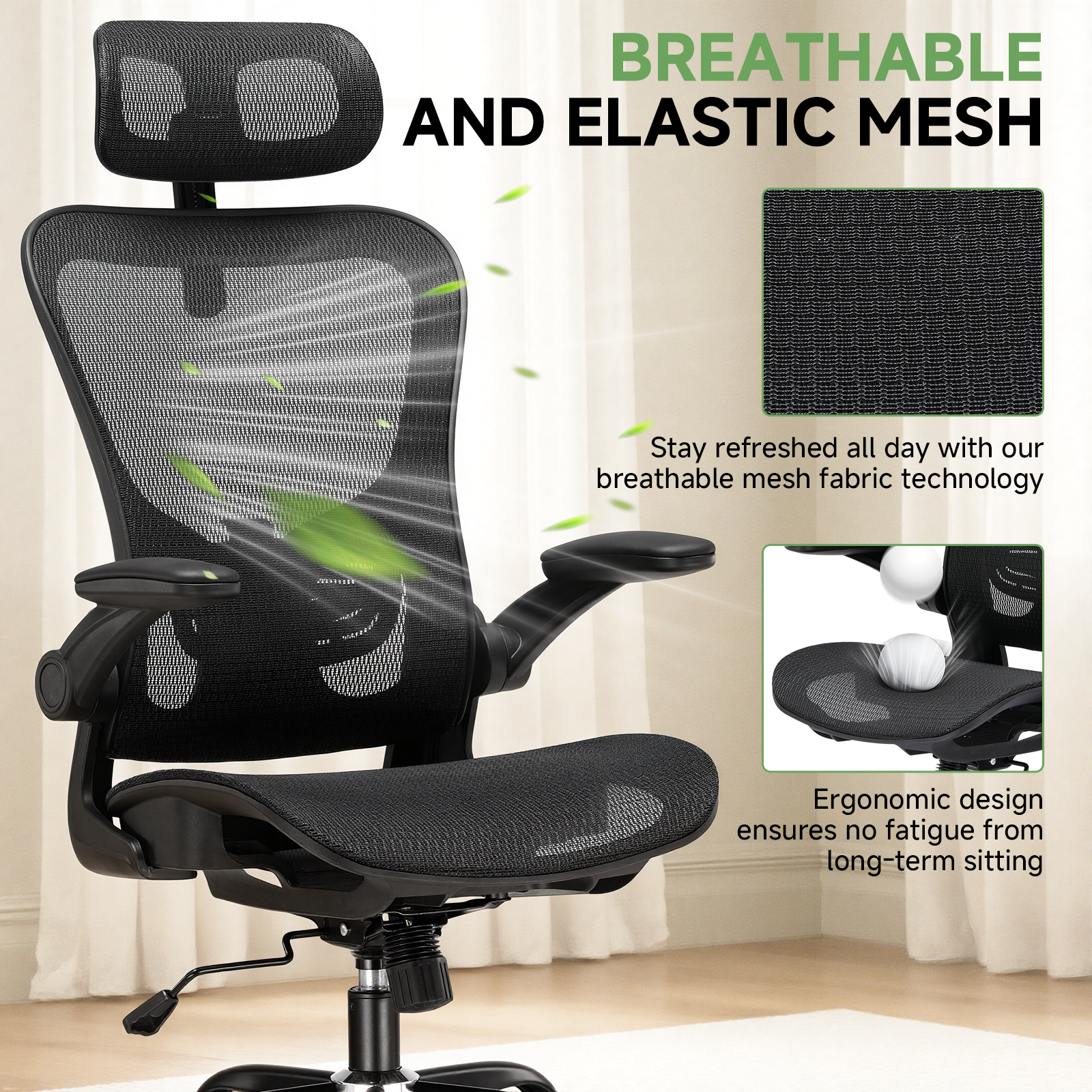 COMHOMA Rocking Mesh Office Chair with 3D Armrests and Headrest CH90