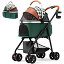 A pet stroller pet carrier stroller shown on a white background, featuring a dark green body, black frame and wheels, brown handle grips, a mesh canopy, and a green-and-white checkered interior lining. A smaller inset view in the upper left shows the stroller folded or viewed from the side.