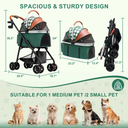 A pet stroller product infographic showing the stroller in three views with dimensions: fully extended, folded side view, and folded front view. The stroller is green and black with a green-and-white checkered canopy and orange-brown handle accents.