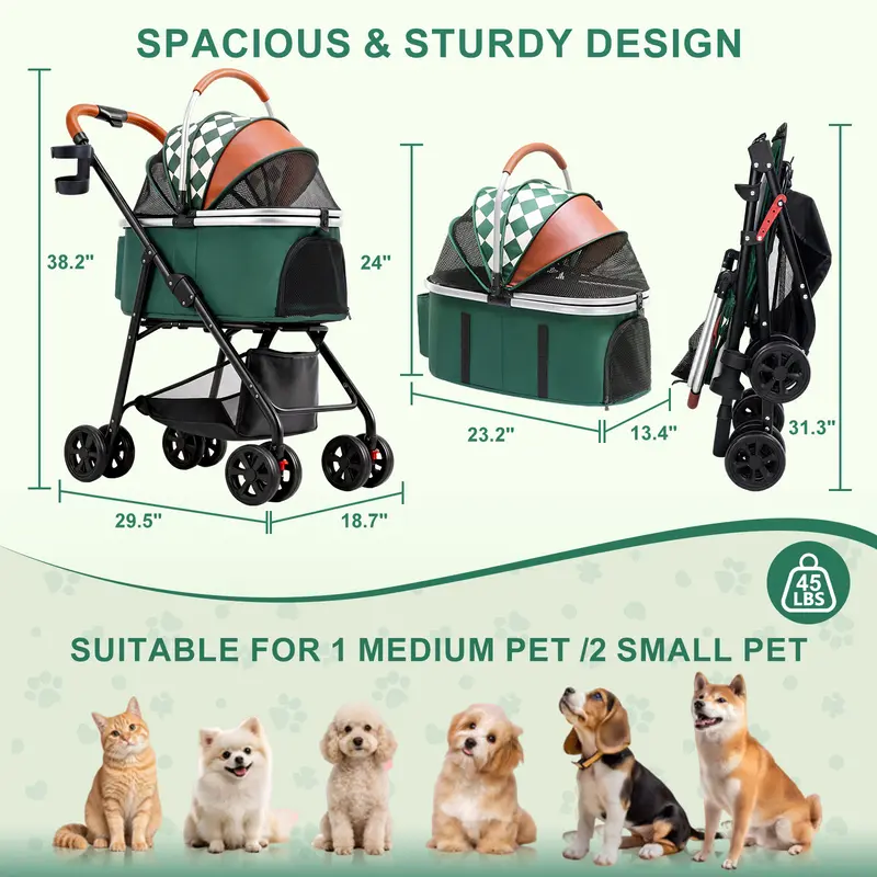 A pet stroller product infographic showing the stroller in three views with dimensions: fully extended, folded side view, and folded front view. The stroller is green and black with a green-and-white checkered canopy and orange-brown handle accents.