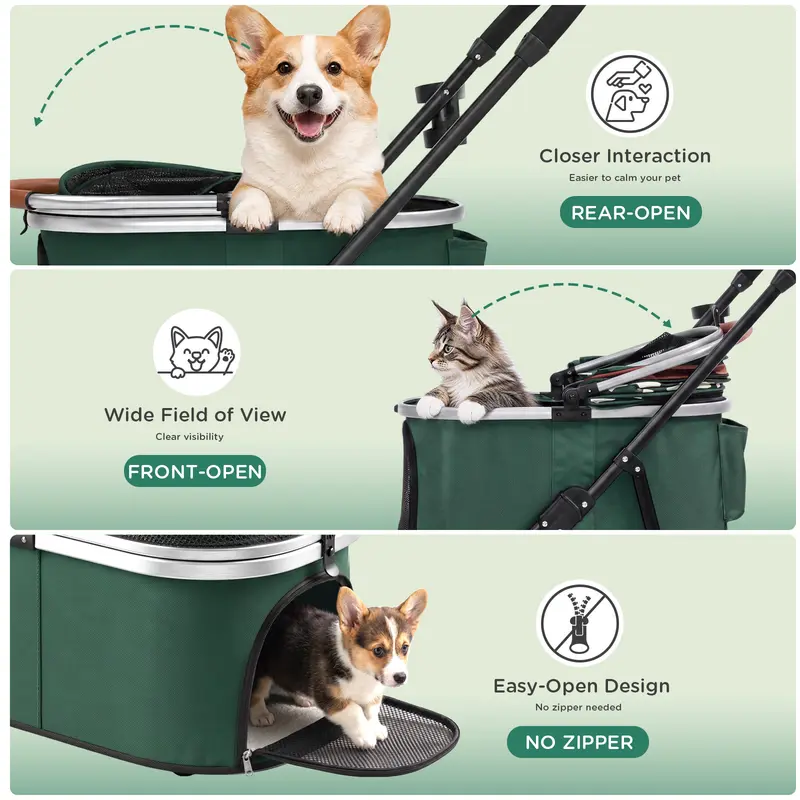 COMHOMA® Foldable Pet Stroller with Weather Cover, Storage Basket & Cup Holder for Small-Med Dogs & Cats CHPET