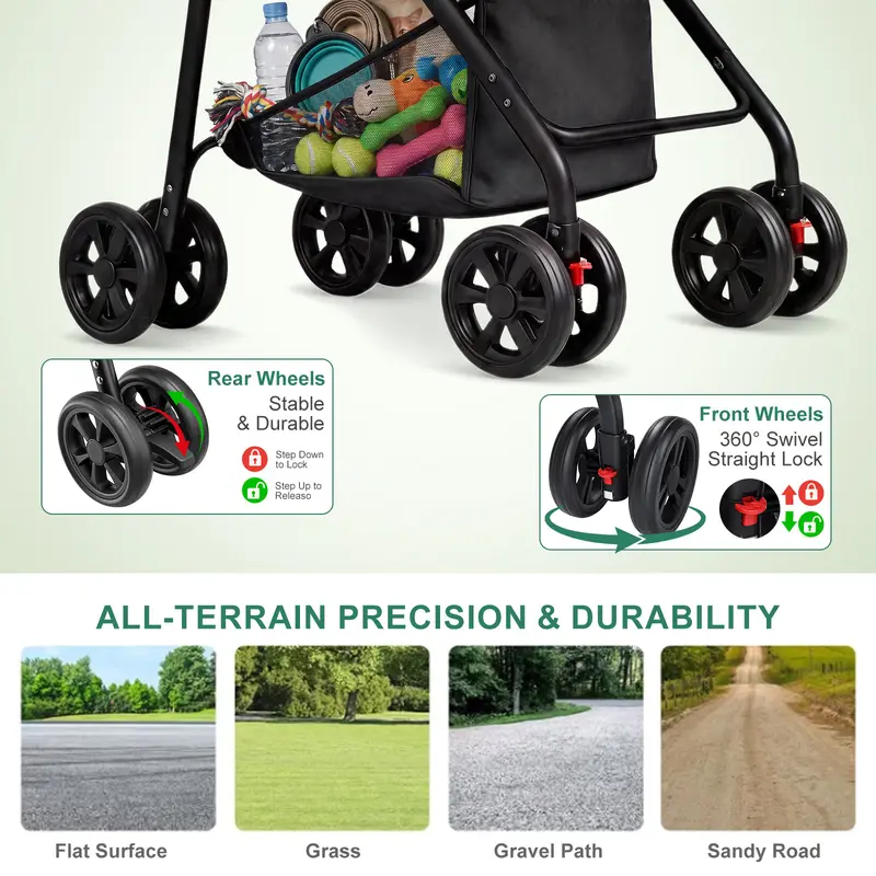 COMHOMA® Foldable Pet Stroller with Weather Cover, Storage Basket & Cup Holder for Small-Med Dogs & Cats CHPET