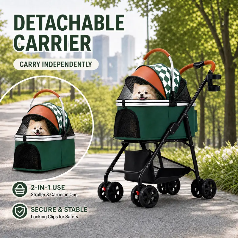 COMHOMA® Foldable Pet Stroller with Weather Cover, Storage Basket & Cup Holder for Small-Med Dogs & Cats CHPET