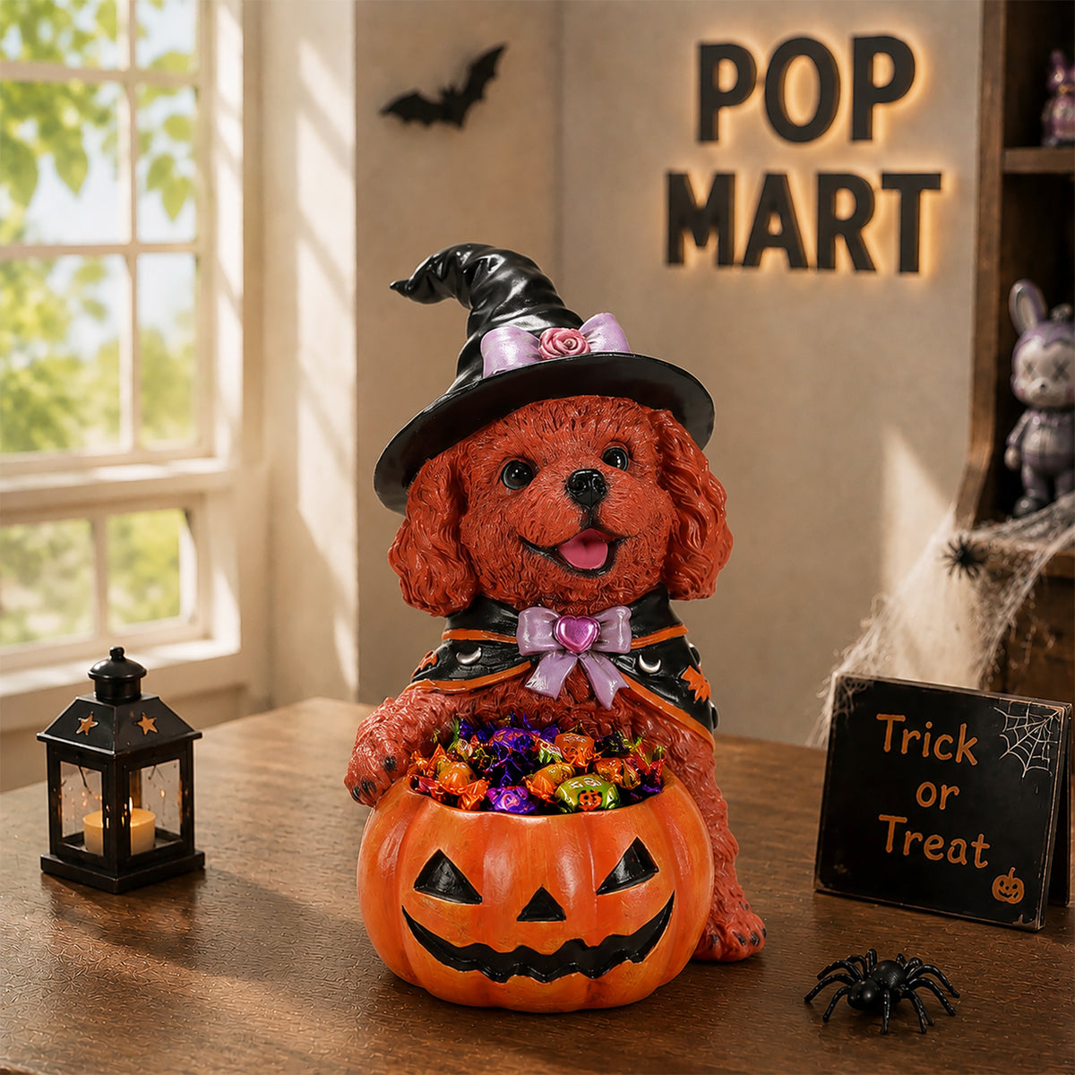 Halloween Brown Teddy Dog Witch Figurine, Cute Puppy Holding Pumpkin Candy Bowl Decoration