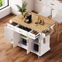 K&K 54inch Large Kitchen Island with Rubber Wood Drop Leaf, Embossed Texture Rolling Kitchen Cart on 4 Wheels with 4 Doors and 3 Drawers, Kitchen Island with Storage for Kitchen, Dining Room,White