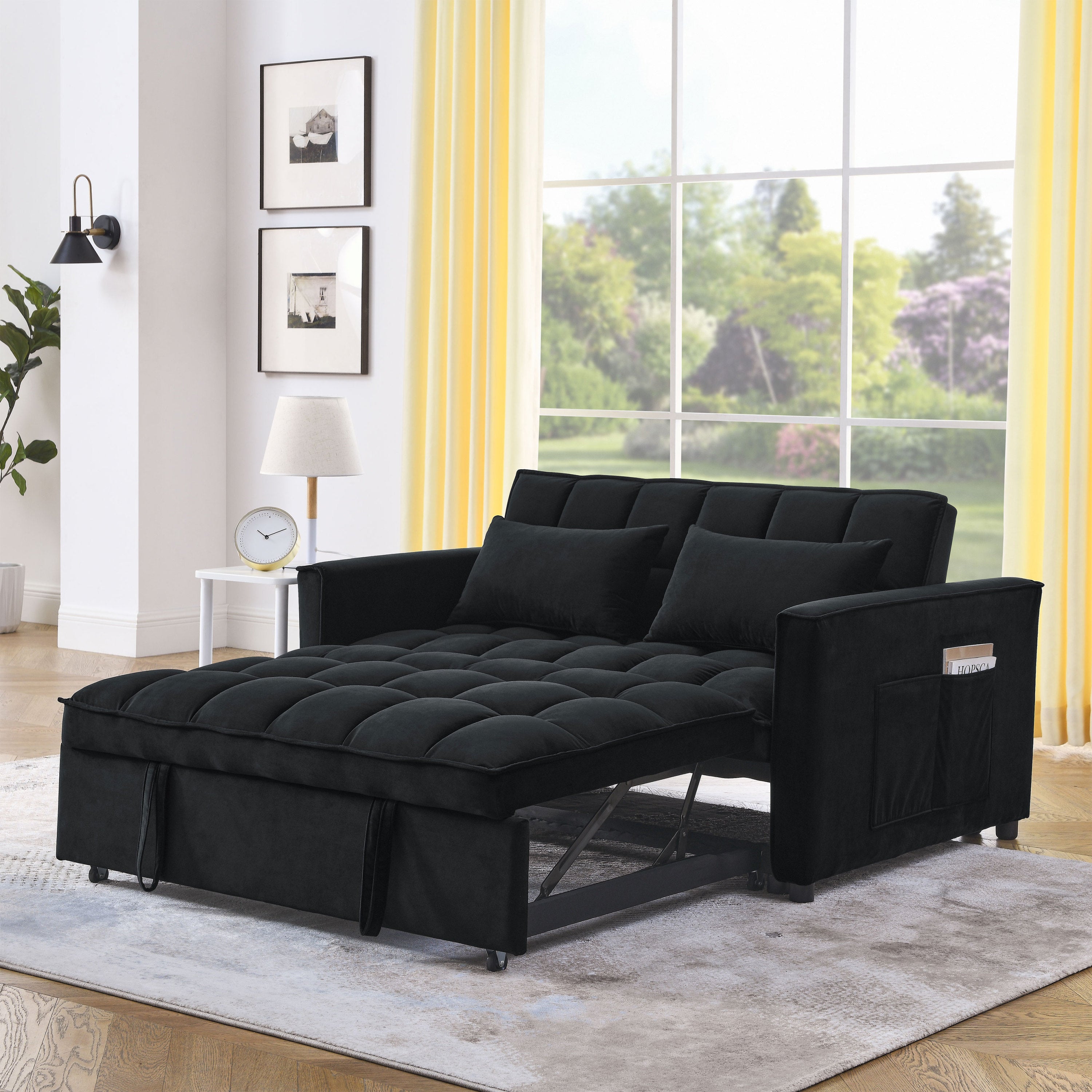 Sleeper Sofa, Convertible Sofa, Recliner, Bed, 3-in-1, 3-Position Adjustable Backrest, 2-Seater Sectional, Two Side Pockets, 2 Pillows for Living Room, Apartment, etc., Velvet Black 54' Wide.