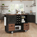 K&K 54' Farmhouse Kitchen Island with Drop Leaf, Power Outlet, Kitchen Storage Cart with 2 Doors, 2 Drawers, Rolling Kitchen Island on 4 Large Wheels with Spice Rack for Kitchen, Dining Room, Black