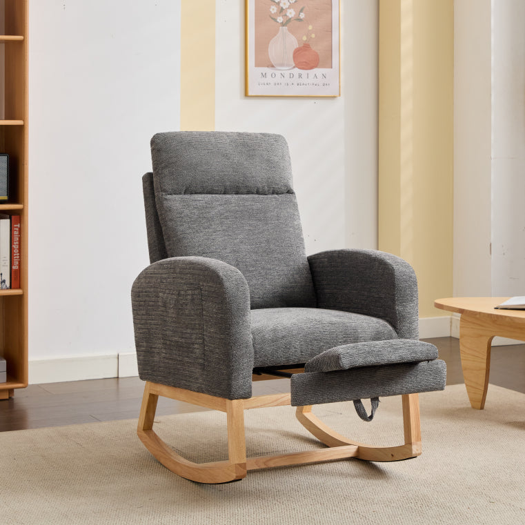 Modern Accent Rocking Chair Rocking Chair with Solid Wood Legs, Upholstered Nursery Glider Rocker, Comfy Armchair with Side Pocket, Living Room Lounge Arm Chair with High Backrest Teddy