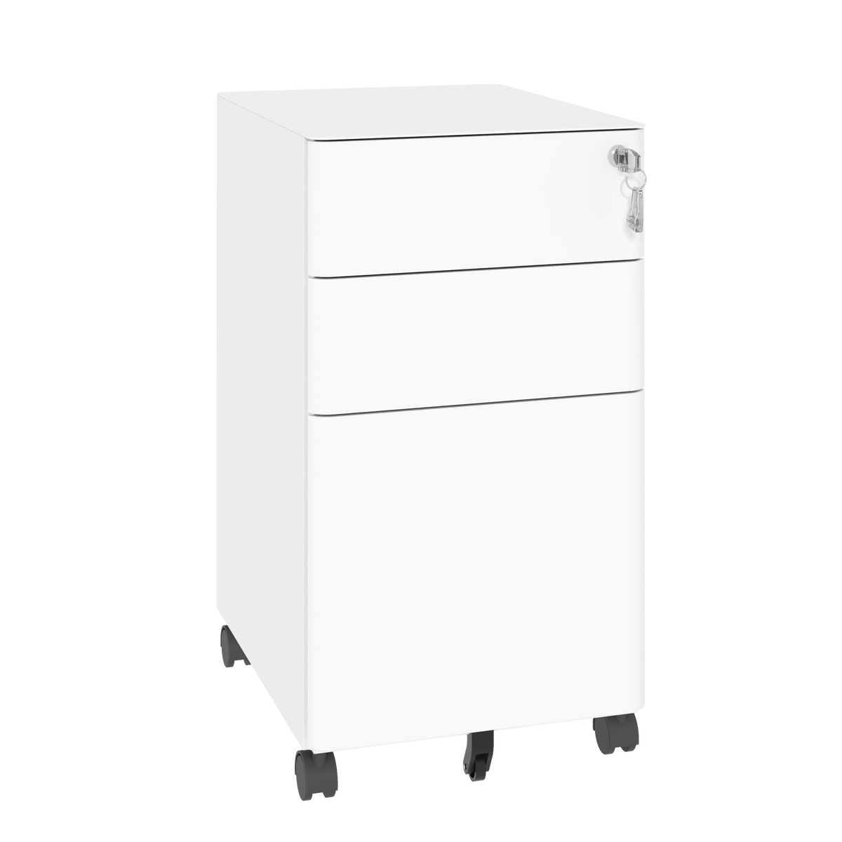 3-Drawer Mobile File Cabinet with Lock, All-Steel Metal Storage on Wheels, Two Shallow & One Deep Drawer for Office/Home, Fully Assembled, White, 110lbs/Drawer, Anti-Tip Design
