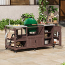 K&K 75.4' Outdoor Kitchen Island with Sink, Solid Wood Outdoor Grill Cart for XL Green Egg Grills, Rolling Outdoor Bar Cart with Stainless Steel Top, for Pizza Prep & BBQ, Brown