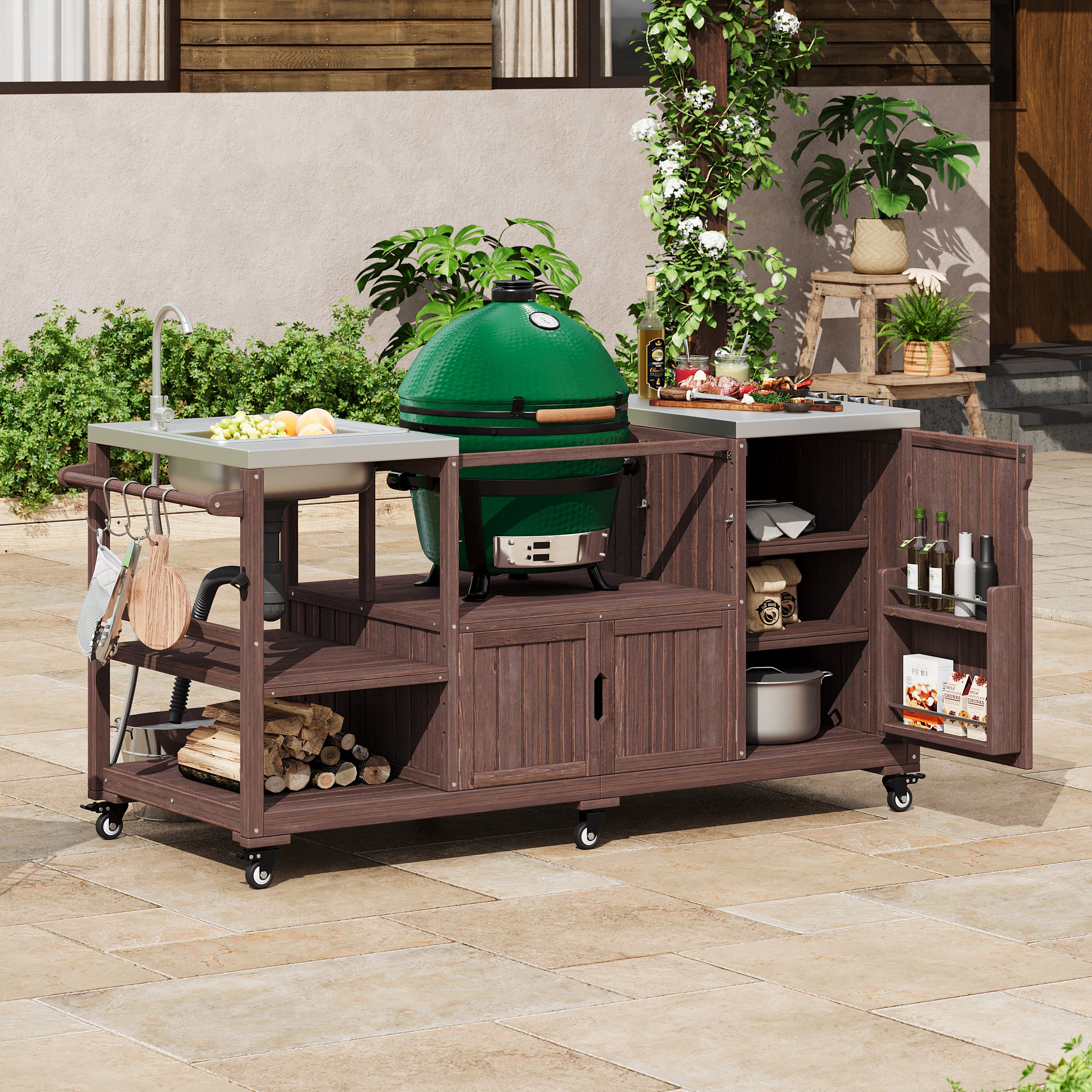 K&K 75.4' Outdoor Kitchen Island with Sink, Solid Wood Outdoor Grill Cart for XL Green Egg Grills, Rolling Outdoor Bar Cart with Stainless Steel Top, for Pizza Prep & BBQ, Brown