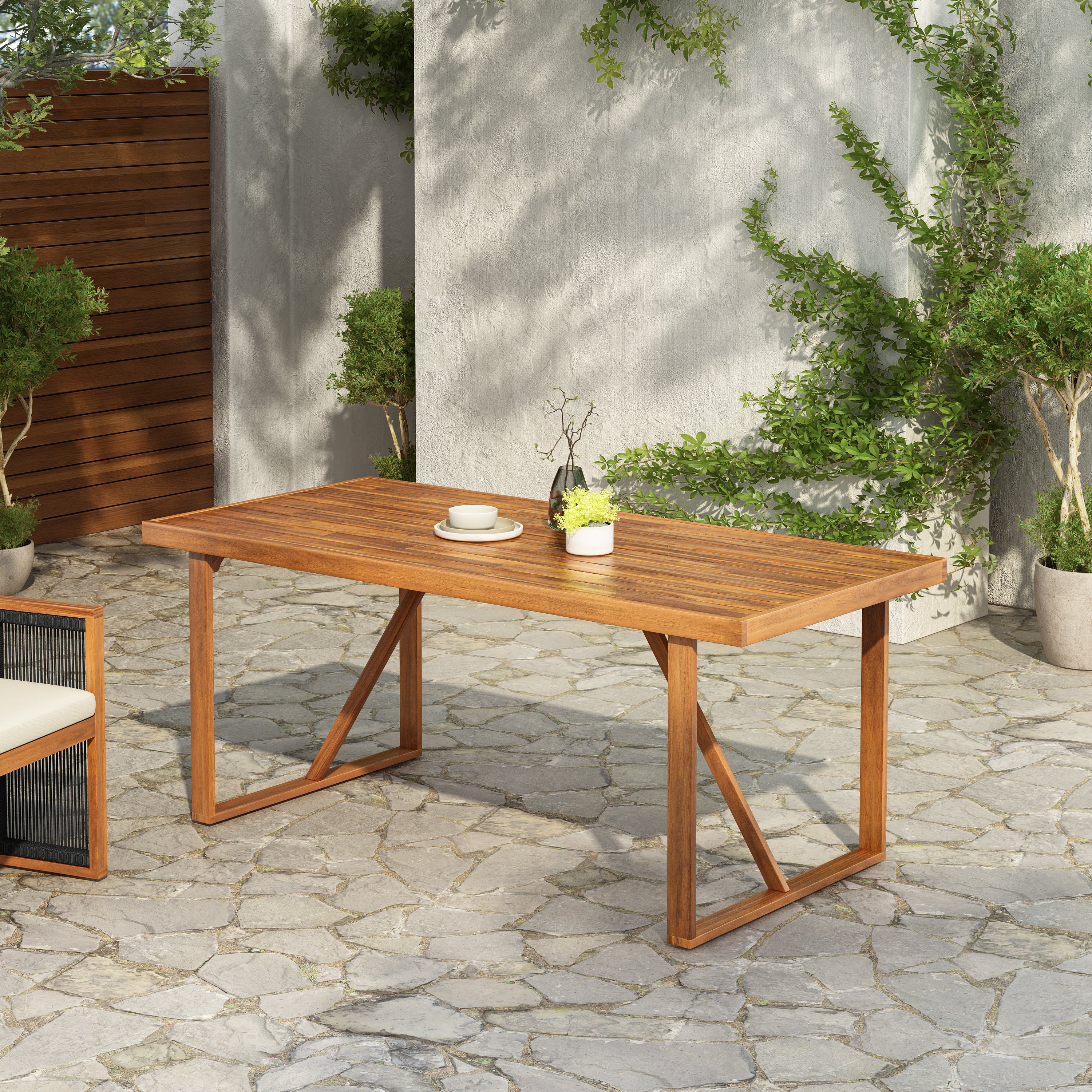 67' Acacia Wood Outdoor Dining Table , Ideal for Patio & Garden Gatherings, Teak Finish