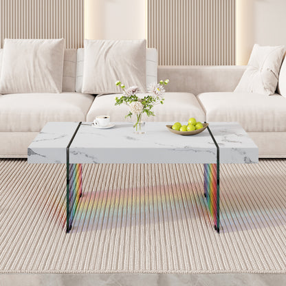 43.3'x23.6' White Marble-Patterned MDF Coffee Table with Tempered glass legs.Suitable for Living Room.It can be used not only as a coffee table but also as a side table or display stand.