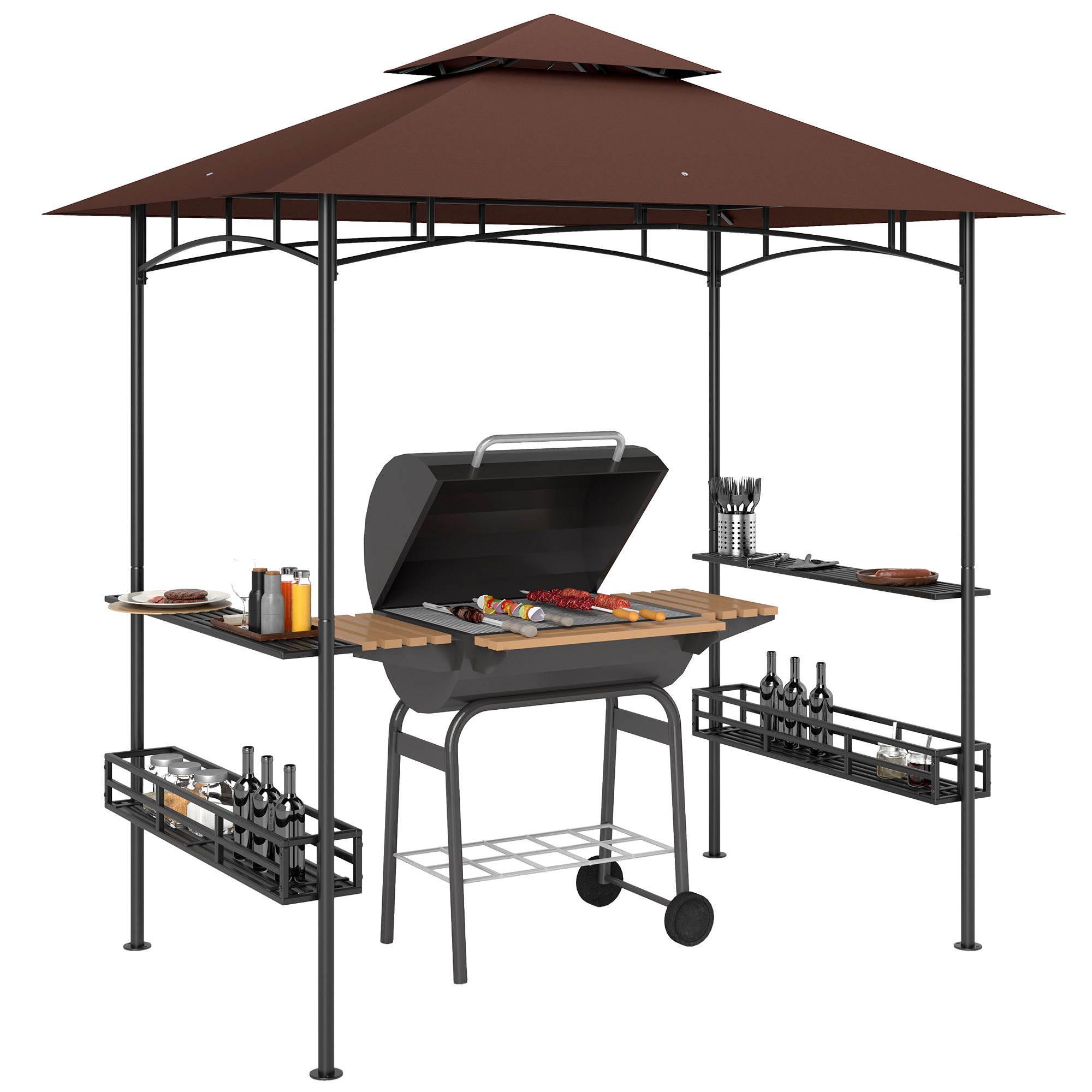 Outsunny 8' x 5' Grill Gazebo, 2-Tier Outdoor BBQ Gazebo with 2 Side Shelves, Storage Baskets and Ceiling Hook, Dark Brown